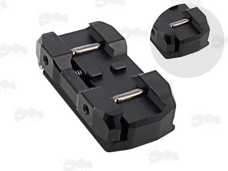 Base View with Dimensions of The 76mm Long Black Anodised Aluminium ARCA-Swiss Tripod Mounting Plate for Rifles with Picatinny Rail Forends