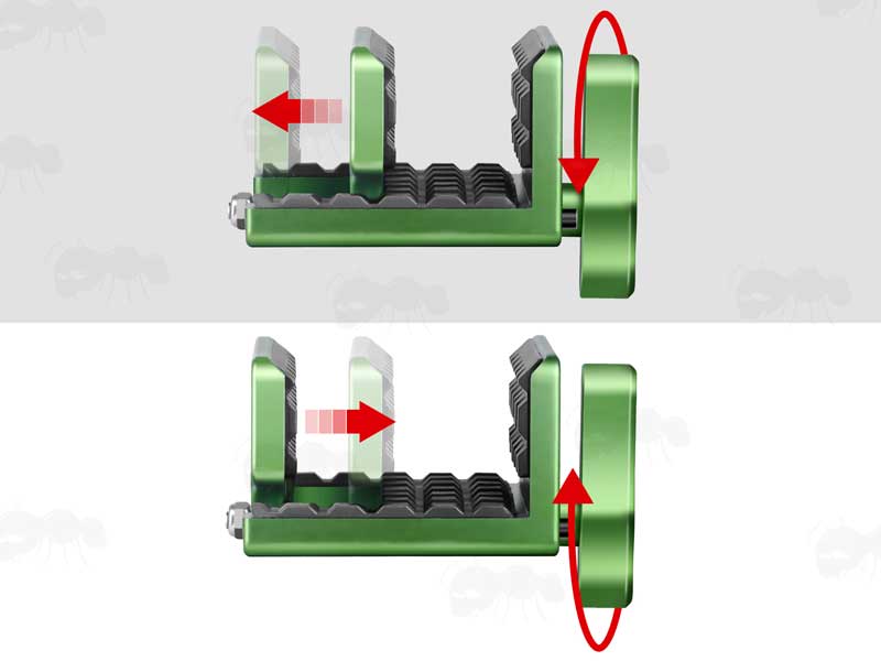 Narrowest and Widest Setting of the Saddle of The Green Finished Metal Rifle Tripod Fitting Saddle Mount Rest for 1/4-20 and 3/8-16 Threaded Rifle Shooting Sticks, Bipod or Tripods