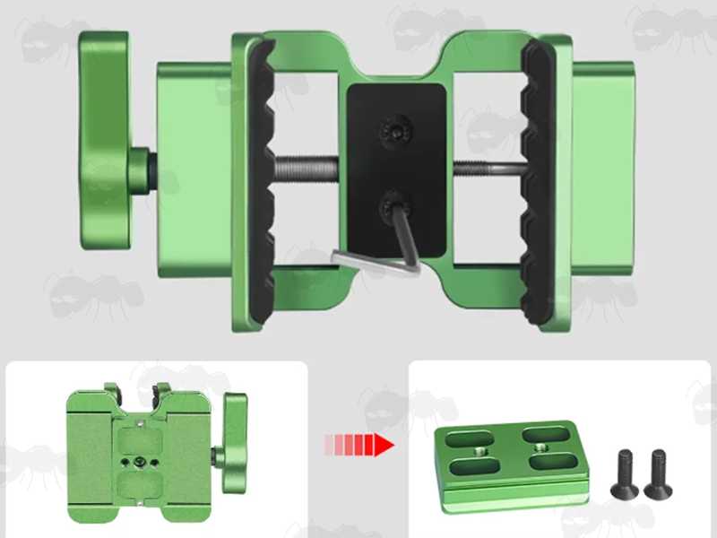 Base View of The Green Finished Metal Rifle Tripod Fitting Saddle Mount Rest for ARCA-Style and 1/4-20 and 3/8-16 Threaded Rifle Shooting Sticks, Bipod or Tripods