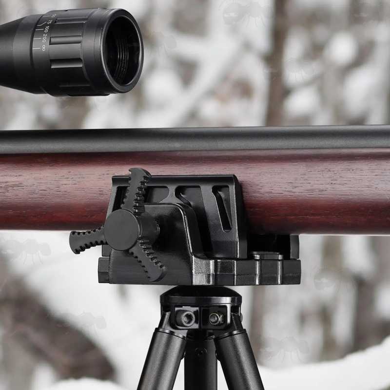Black Finished Metal Rifle Tripod Fitting Saddle Mount Rest with Oversized Tension Knob, for 1/4-20 and 3/8-16 Threaded Camera / Rifle Shooting Bipod or Tripod Sticks, Shown with Wooden Rifle Forend Fitting
