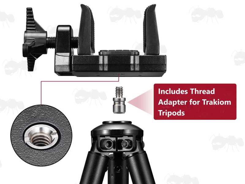 Black Finished Metal Rifle Tripod Fitting Saddle Mount Rest with Oversized Tension Knob, for 1/4-20 and 3/8-16 Threaded Camera / Rifle Shooting Bipod or Tripod Sticks, Shown with Trakiom Thread Adapter