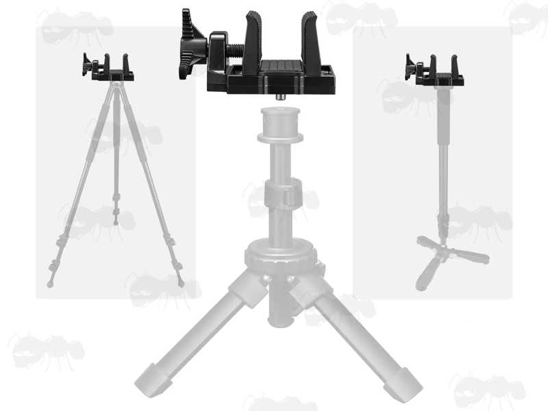 Black Finished Metal Rifle Tripod Fitting Saddle Mount Rest with Oversized Tension Knob, for 1/4-20 and 3/8-16 Threaded Camera / Rifle Shooting Bipod or Tripod Sticks, Shown with Benchrest, Monopod and Tripod