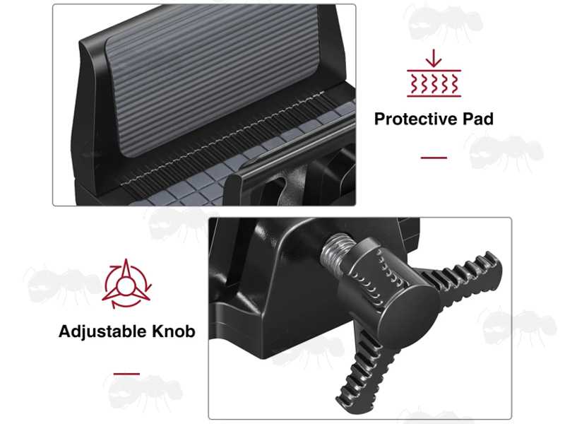 Close-Up View of the Padding and Large Adjuster Knob on The Black Finished Metal Rifle Tripod Fitting Saddle Mount Rest with Oversized Tension Knob, for 1/4-20 and 3/8-16 Threaded Camera / Rifle Shooting Bipod or Tripod Sticks