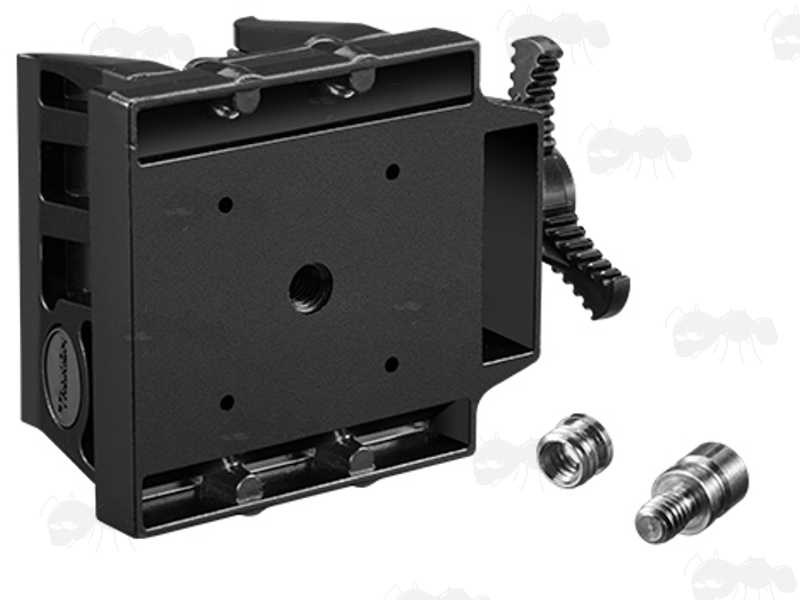Base View of The Threaded Hole and Adapters Included with The Black Finished Metal Rifle Tripod Fitting Saddle Mount Rest with Oversized Tension Knob, for 1/4-20 and 3/8-16 Threaded Camera / Rifle Shooting Bipod or Tripod Sticks
