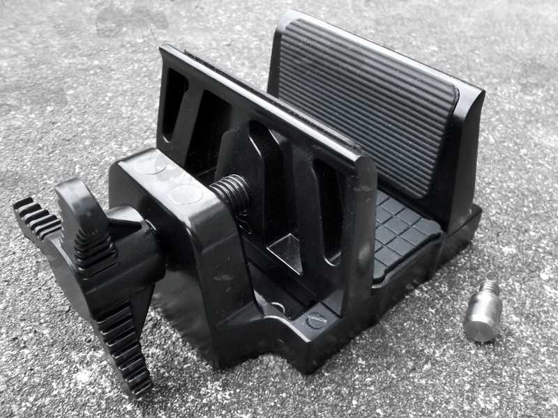 Minimum and Maximum Clamp Widths on The Black Finished Metal Rifle Tripod Fitting Saddle Mount Rest with Oversized Tension Knob, for 1/4-20 and 3/8-16 Threaded Camera / Rifle Shooting Bipod or Tripod Sticks