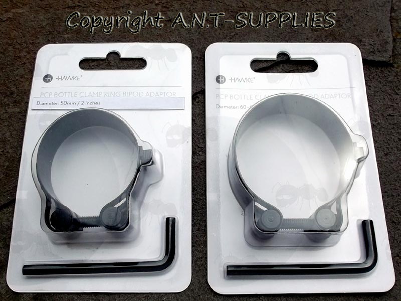 Pair of 50mm and 60mm Diameter Metal Bands with QD Bipod Studs for Air Rifle PCP Bottles in Display Packaging