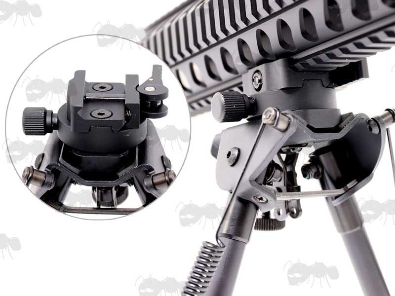 Picatinny Rail Mounted QD Bipod Stud with Panning Feature Fitted To Rifle and Bipod