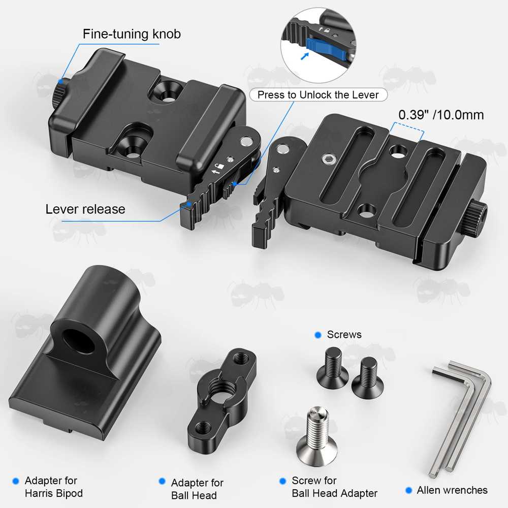 Top and Base Views of The Black Anodised Aluminium ARCA-Swiss Rail to 17S Adapter with Harris Housing and Camera Thread Adapter, and Quick-Release Lever