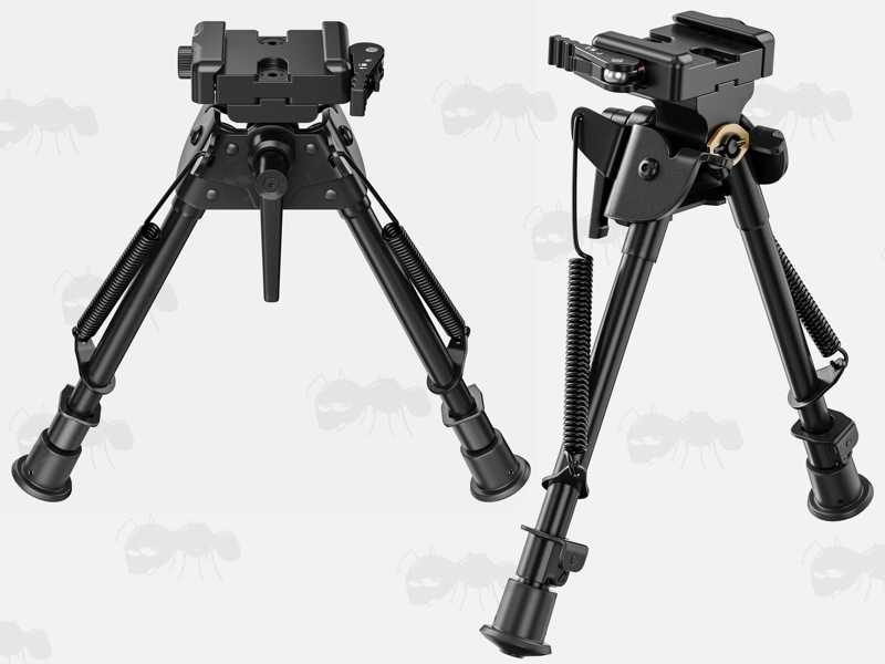 Black Anodised Aluminium ARCA-Swiss Rail to 17S Adapter with Harris Housing, and Quick-Release Lever, Shown Installed to a Harris Style Bipod