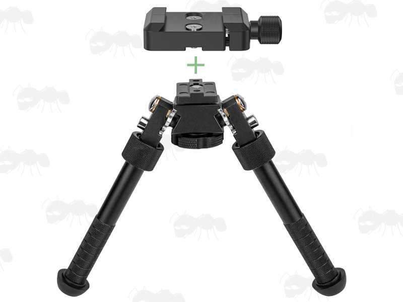 Black Anodised Aluminium ARCA-Swiss Rail to 17S Adapter with Large Thumbscrew Fitting, Shown Being Installed to a NC Head Bipod