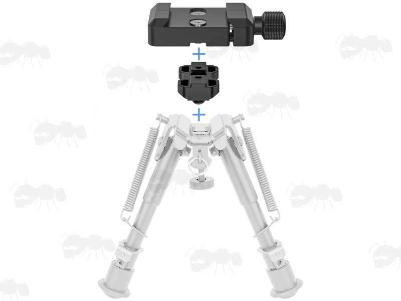 Black Anodised Aluminium ARCA-Swiss Rail to 17S Adapter with Harris QD Bipod Sling Swivel Stud and Large Thumbscrew Fitting, Shown Being Installed to a Harris Style Bipod