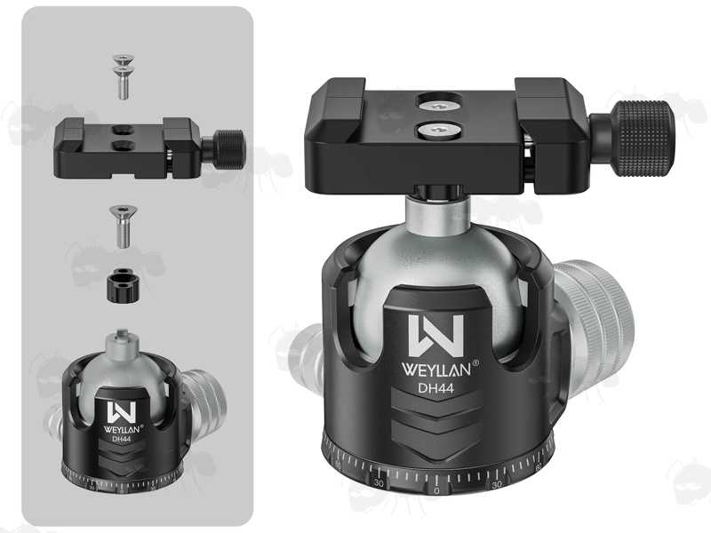 Black Anodised Aluminium ARCA-Swiss Rail to 17S Adapter Shown Being Installed to a ARCA-Swiss Ball and Socket Tripod Head