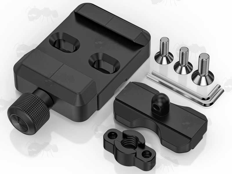 Black Anodised Aluminium ARCA-Swiss Rail to 17S Adapter with Harris QD Bipod Sling Swivel Stud and Camera Thread Adapter, and Large Thumbscrew Fitting