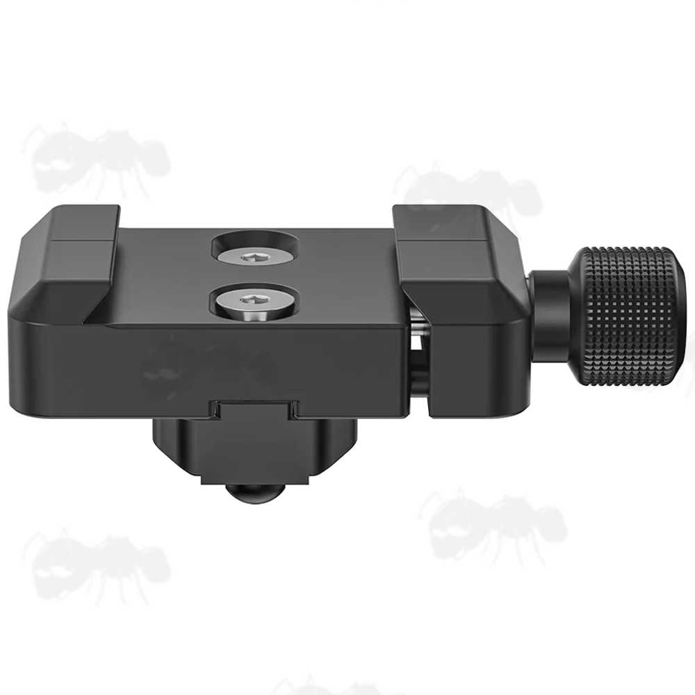 Black Anodised Aluminium ARCA-Swiss Rail to 17S Adapter with Harris QD Bipod Sling Swivel Stud and Large Thumbscrew Fitting