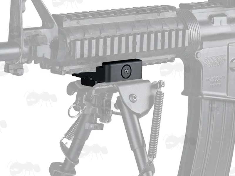 Black Anodised Aluminium ARCA-Swiss Rail to 17S Adapter with Harris QD Bipod Sling Swivel Stud, and Quick-Release Lever, Shown Fitted to a Rifle Forend Base Rail with Harris Style Bipod