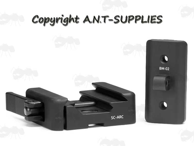 Black Anodised Aluminium ARCA-Swiss Rail to 17S Adapter with Harris QD Bipod Sling Swivel Stud, and Quick-Release Lever