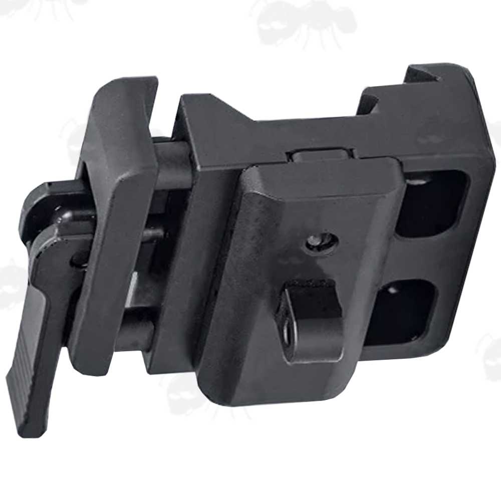 Black Anodised Aluminium ARCA-Swiss Rail to 17S Adapter with Harris QD Bipod Sling Swivel Stud and Quick-Release Lever