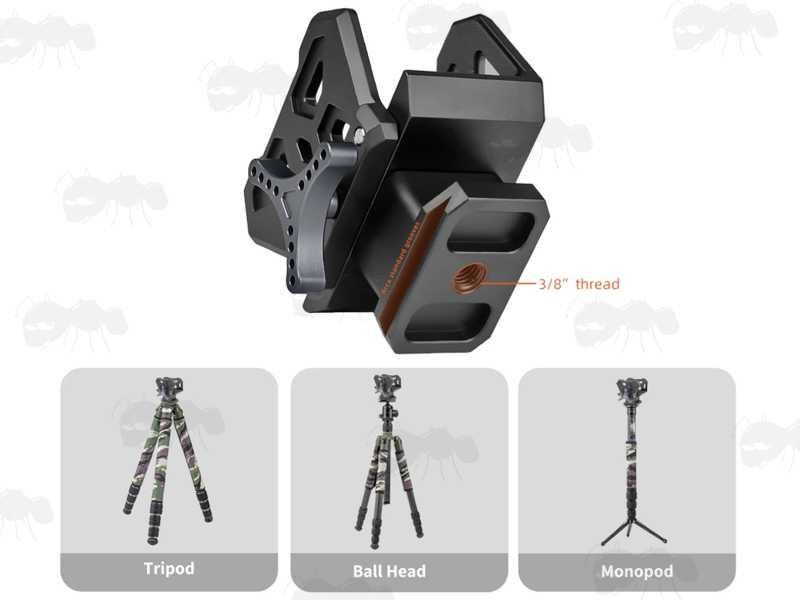 Base View of The Threaded Hole and ARCA Swiss Fitting of The All Black Metal Rifle Tripod Fitting Saddle High-Profile Cradle