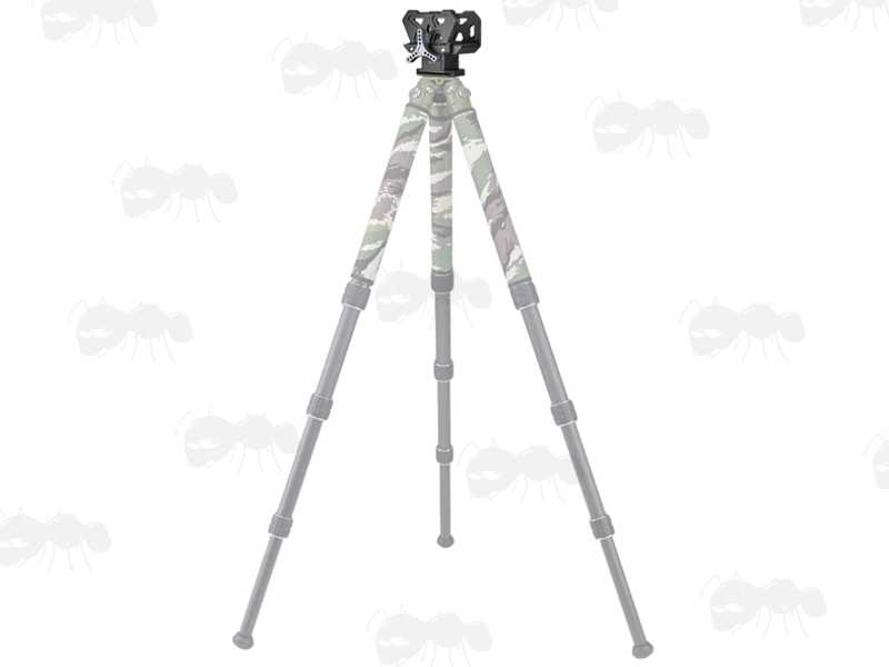 All Black Metal Rifle Tripod Fitting Saddle High-Profile Cradle for ARCA-Swiss and 3/8 Inch Threaded Tripods, Shown Fitted to Tripod