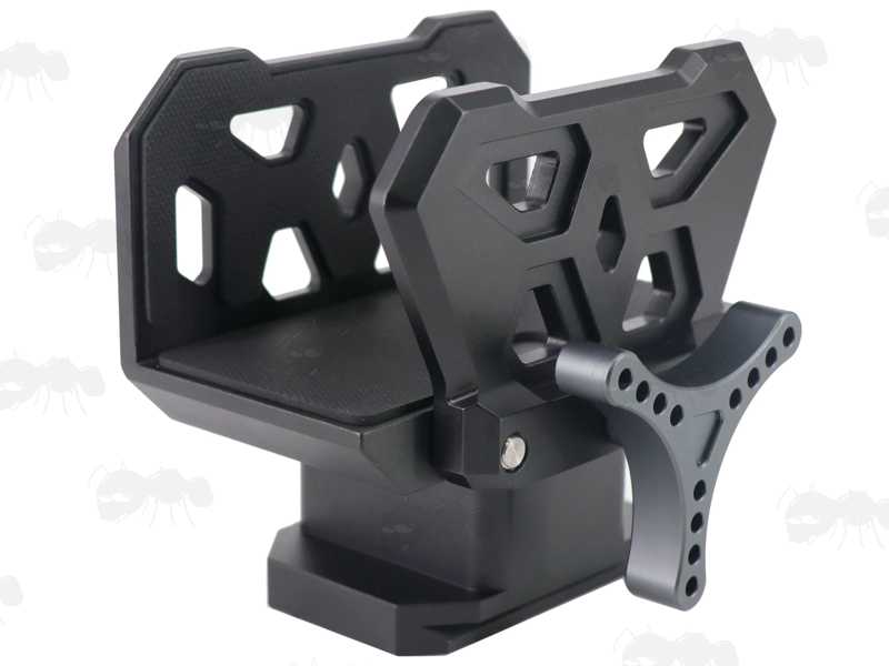 Base View of The Threaded Holes and ARCA Swiss Fitting of The All Black Metal Rifle Tripod Fitting Saddle Mount Rest