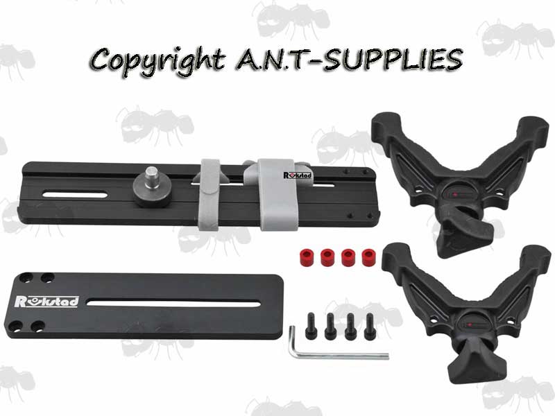 Disassembled View Of The Black Shooting Stick Threaded Rifle Rest Adapter With Velcro Straps and Two V Rests