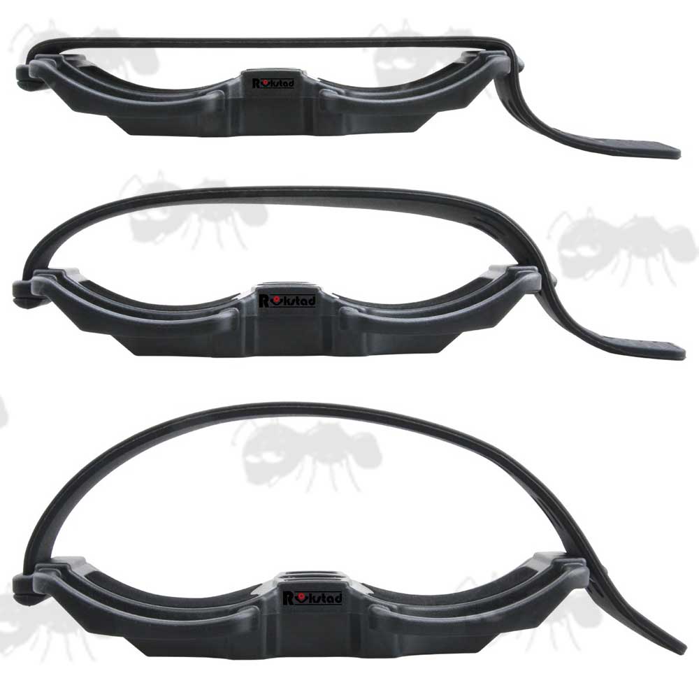 All Black Shooting Stick Threaded Binocular Rest Adapters With Bands In Three Different Positions