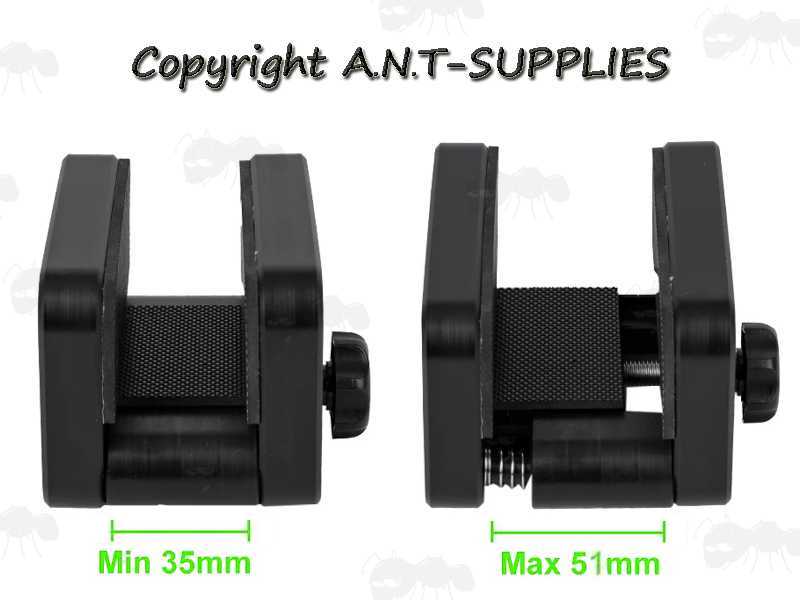 Narrowest and Widest Setting of the Saddle of The All Black Polyformaldehyde Rifle Tripod Fitting Saddle Mount Rest for Either Threaded or ARCA Swiss Fitting