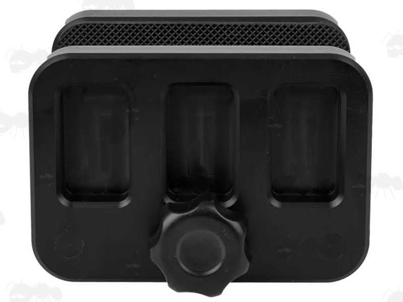 Side View of The All Black Polyformaldehyde PCP Rifle Tripod Fitting Saddle Mount Rest with Dual Thread Fitting