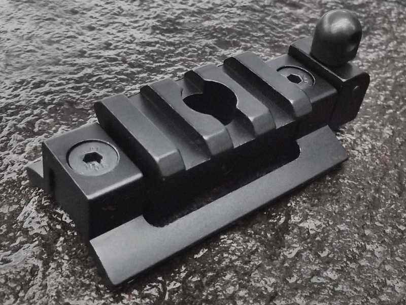 Top Picatinny Rail View of The Adjustable Angle Sling Swivel Stud Fitting Bipod Rail Adapter Kit, Three Slot Length