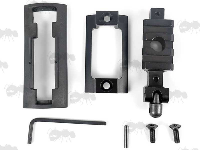 Dismantled View of The Adjustable Angle Sling Swivel Stud Fitting Bipod Rail Adapter Kit, Three Slot Length