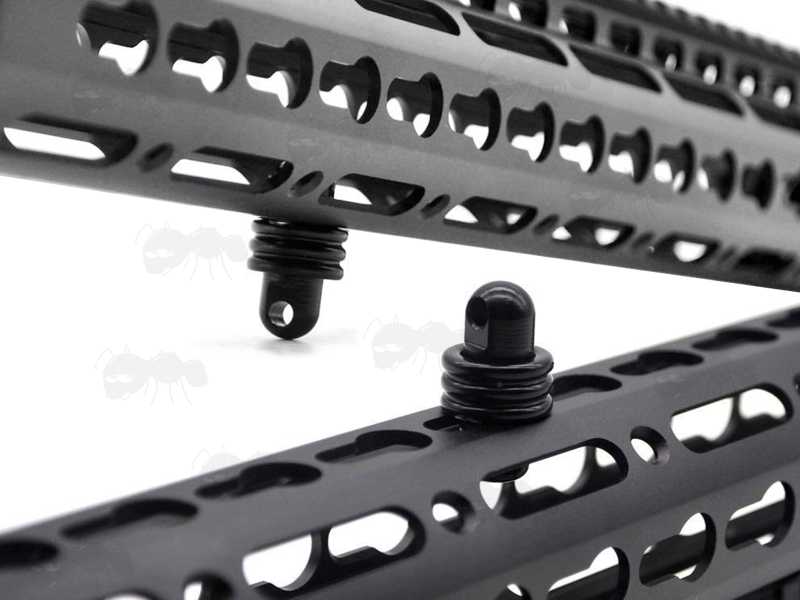 Black Push Button Swivel 10mm Socket to QD Stud Adapters In a KeyMod Handguards