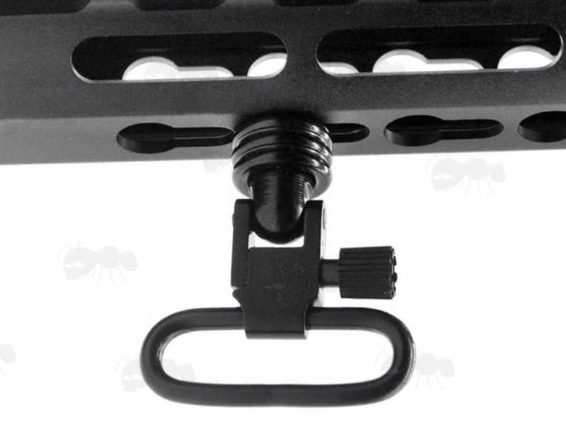 Black Push Button Swivel 10mm Socket to QD Stud Adapter In a KeyMod Handguard with QD Swivel Fitted