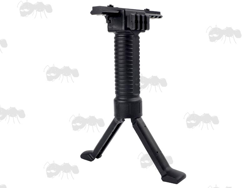 Black Airsoft Vertical Grip Bipod with Side Accessory Rail and Telescopic Legs Fitted To A Forend Accessory Rail