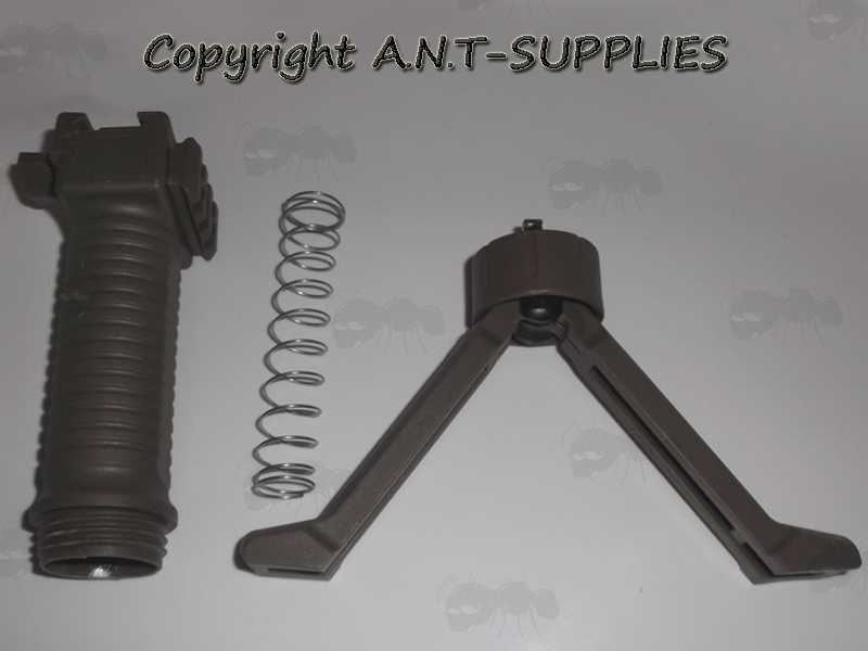 Dismantled View of The Brown Airsoft Vertical Grip Bipod with Side Accessory Rail and Telescopic Legs Fitted To A Forend Accessory Rail