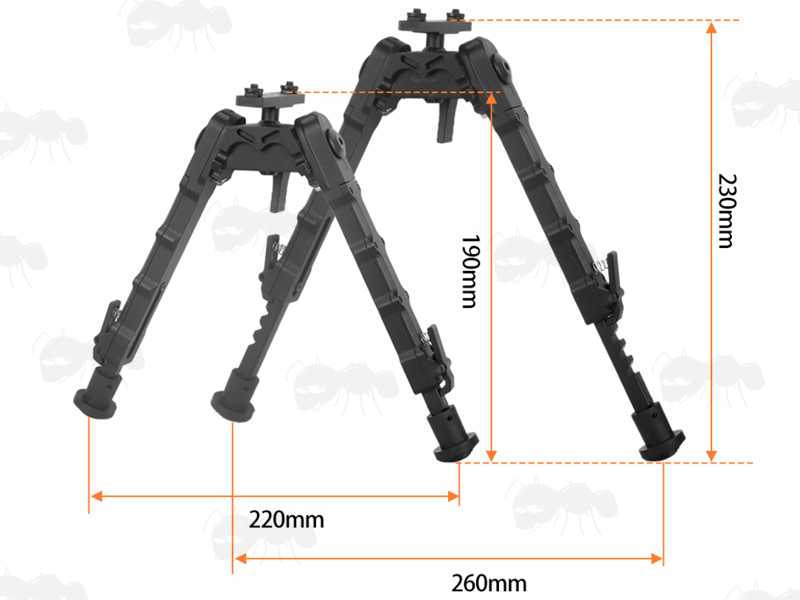 Minimum and Maximum Height Views of The One Piece ALl Design Metal Rifle Bipod for M-Lok Slotted Handguards, with Quick-Release Lever Retractable Legs