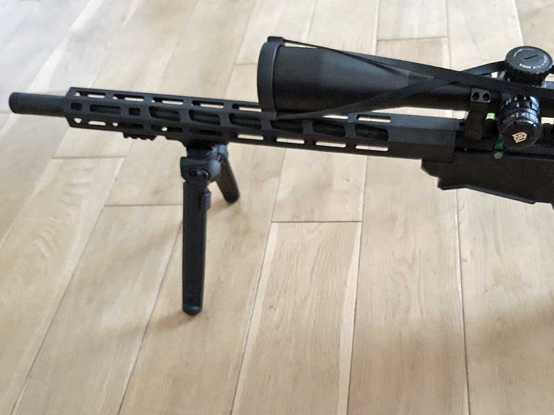 One Piece Design Rifle Bipod for M-Lok Handguards in Black Fitted to a Ruger Precision Rifle