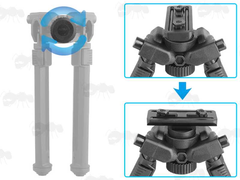 Top View of The Polymer and Aluminium Design Rifle Bipod for M-Lok Handguards, with Tilt Feature and 360 Degree Rotation