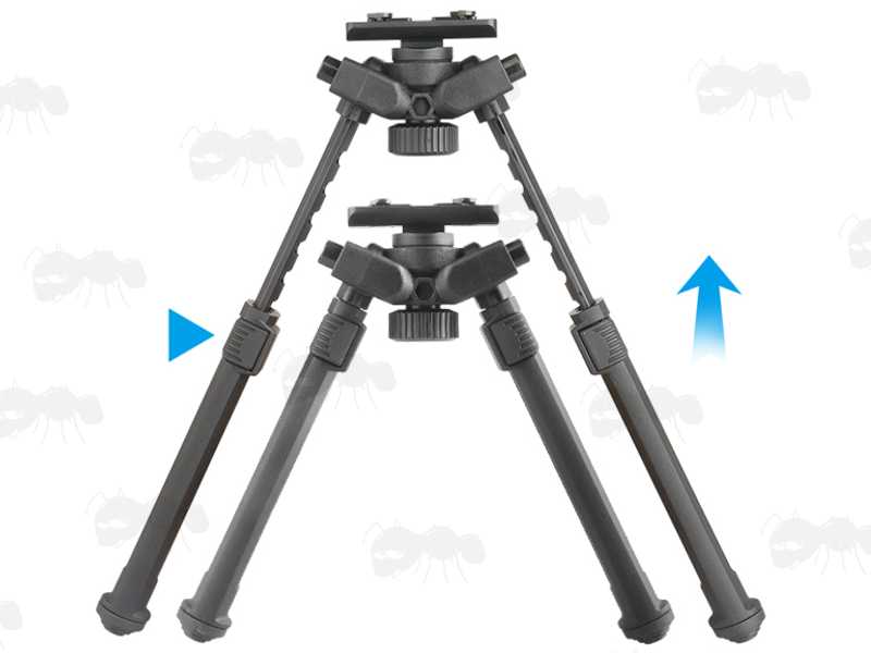 Front View of The Polymer and Aluminium Design Rifle Bipod for M-Lok Handguards, with Tilt Feature and 360 Degree Rotation, Shown with Legs In Fully Retracted and Fully Extended Positions