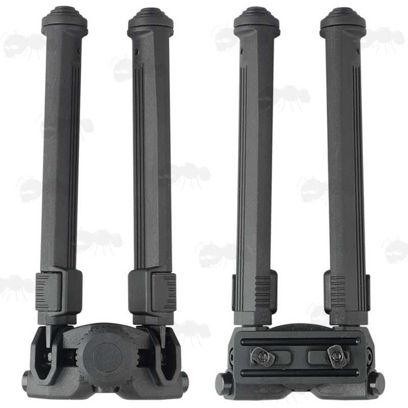Top and Base View of The Polymer and Aluminium Design Rifle Bipod for M-Lok Handguards, with Tilt Feature and 360 Degree Rotation, with Fully Retracted Legs