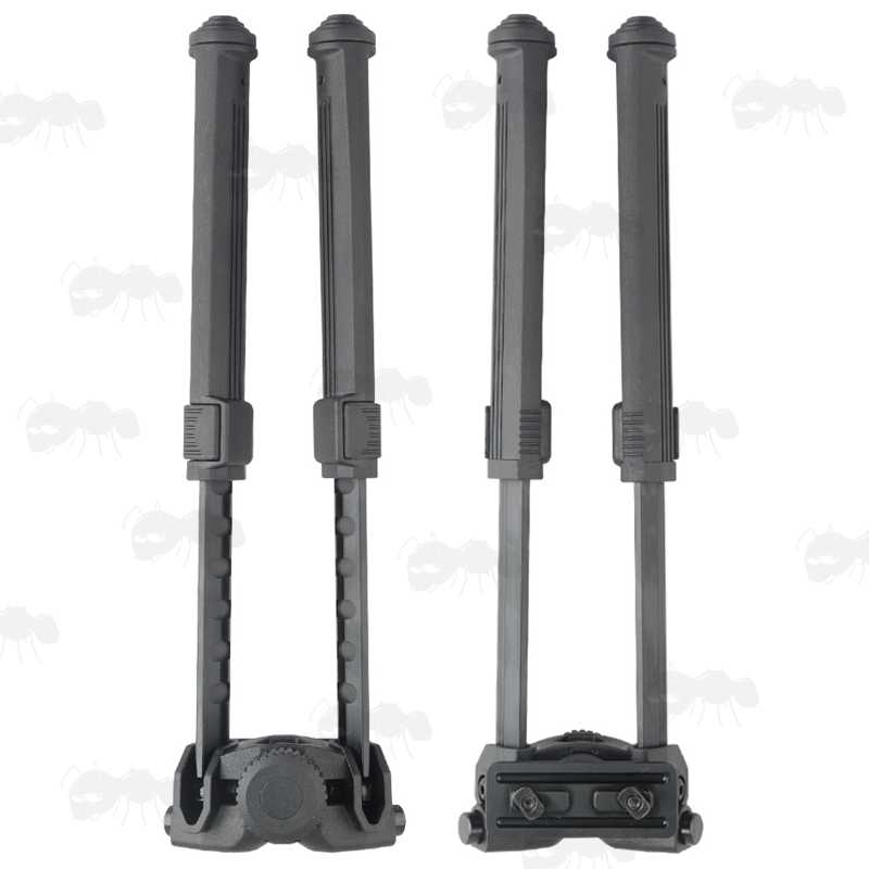 Top and Base View of The Polymer and Aluminium Design Rifle Bipod for M-Lok Handguards, with Tilt Feature and 360 Degree Rotation, with Fully Extended Legs