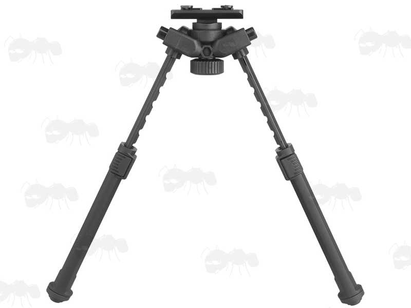 Base View of The Polymer and Aluminium Design Rifle Bipod for M-Lok Handguards, with Tilt Feature and 360 Degree Rotation, with Legs Fully Extended