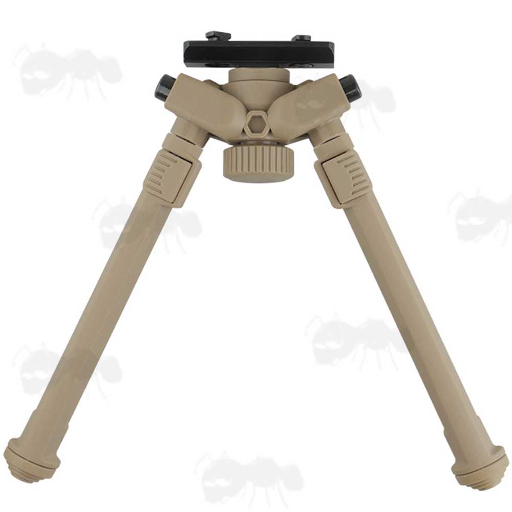 Tan Polymer and Aluminium Design Rifle Bipod for M-Lok Handguards, with Tilt Feature and 360 Degree Rotation