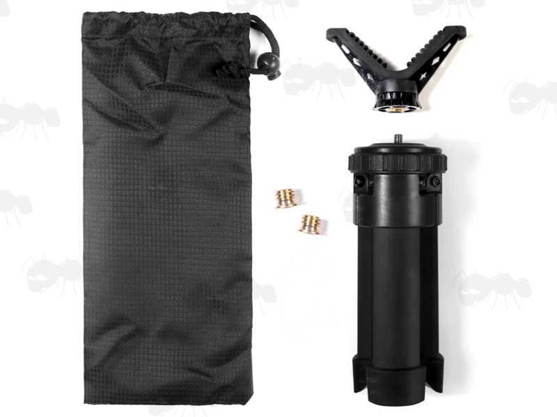Dismantled View with Storage Pouch of The Compact Black Metal Tripod Benchrest Shooting Quick Stick with Removable V Notch Rest