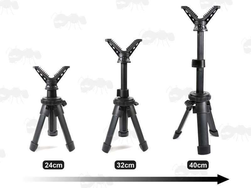 Compact Black Metal Extendable Height Tripod Benchrest Shooting Quick Stick with Removable V Notch Rest, Shown Setup at Three Heights