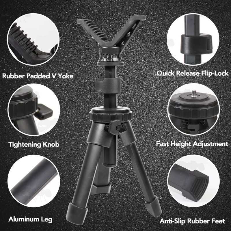 Features of The Compact Black Metal Extendable Height Tripod Benchrest Shooting Quick Stick with Removable V Notch Rest, Shown Setup at Three Heights