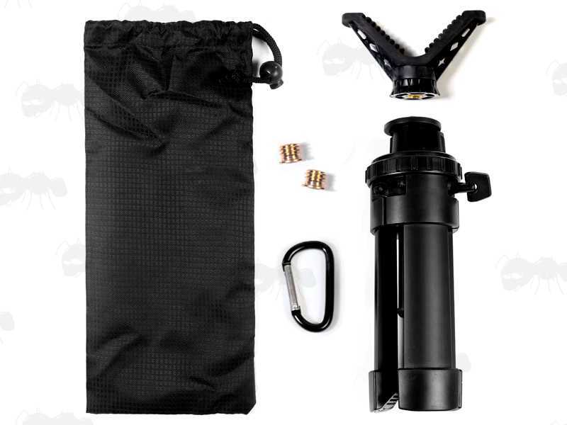Dismantled View with Storage Pouch of The Compact Black Metal Extendable Height Tripod Benchrest Shooting Quick Stick with Removable V Notch Rest, Shown Setup at Three Heights