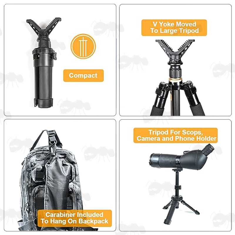 Compatibility Guide for The Compact Black Metal Extendable Height Tripod Benchrest Shooting Quick Stick with Removable V Notch Rest, Shown Setup at Three Heights