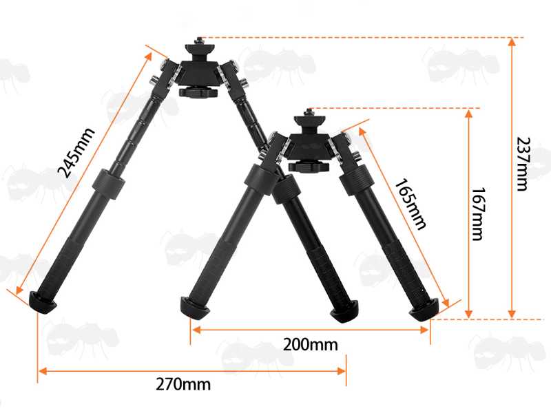 Minimum and Maximum Height Views of The One Piece Design Metal Rifle Bipod for M-Lok Handguards