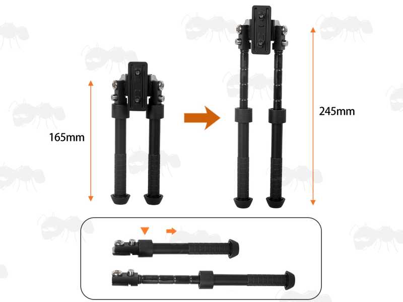 Minimum and Maximum Leg Length Views of The One Piece Design Metal Rifle Bipod for M-Lok Handguards