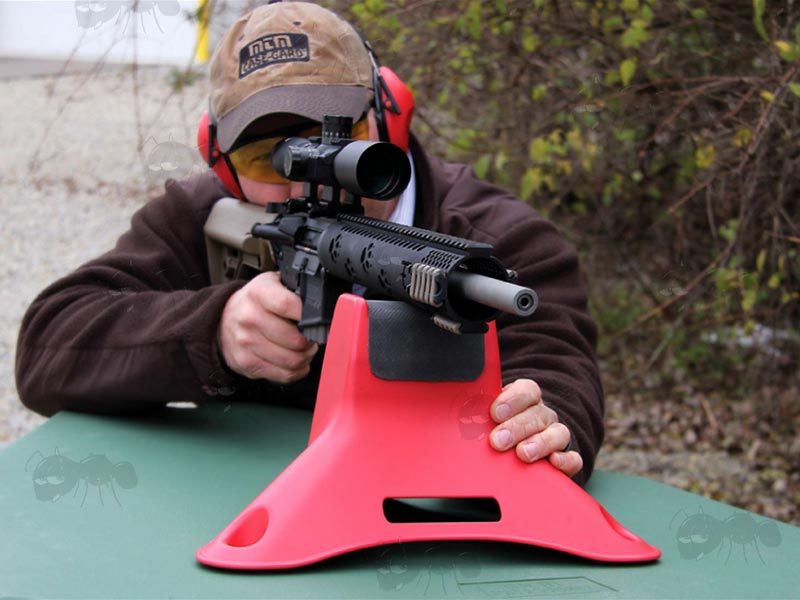 MTM Case-Gard Red Plastic Shooting Quick Rest in Use with AR Rifle